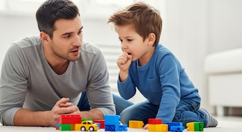 Un hombre y un niño sentados en el suelo, con el niño tosiendo y el hombre mirándolo. Hay bloques de colores en el suelo frente a ellos.