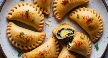 Una vista aérea de empanadas doradas dispuestas en un plato. Una de ellas está cortada por la mitad, mostrando un relleno de espinaca y huevo duro.