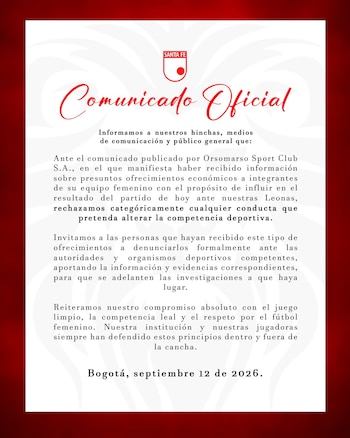 El "León" pidió que los presuntos ofrecimientos económicos sean denunciados ante las autoridades competentes-crédito Jefatura de Prensa de Independiente Santa Fe