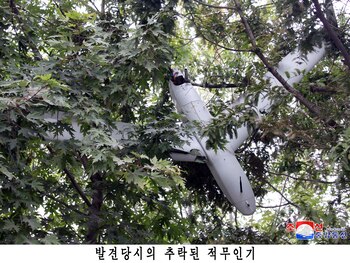 Los restos de un dron estrellado se muestran en una foto publicada por la Agencia Central de Noticias de Corea del Norte, el 19 de octubre de 2024. KCNA vía REUTERS