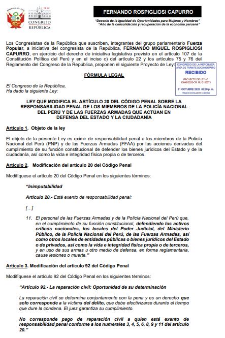 Proyecto de ley presentado por Fernando Rospigliosi.