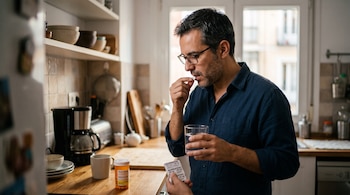 Un hombre con gafas y camisa azul consume una pastilla con un vaso de agua en una cocina junto a un envase de ibuprofeno.