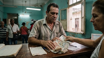 Un hombre frente a un mostrador recibe varios billetes de pesos cubanos que le entrega una mujer en una oficina.