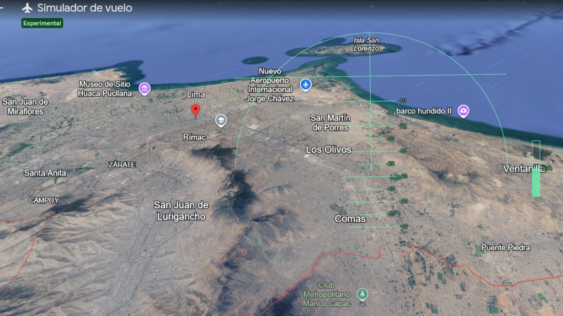 Durante la simulación, es posible que la aeronave impacte con el terreno, especialmente si se vuela a baja altitud.
(Captura Google Earth)