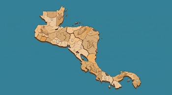 Mapa de Centroamérica con silueta de tierra agrietada en tonos marrones. Sobre el mapa hay espigas de maíz marchitas y gotas de agua secas.