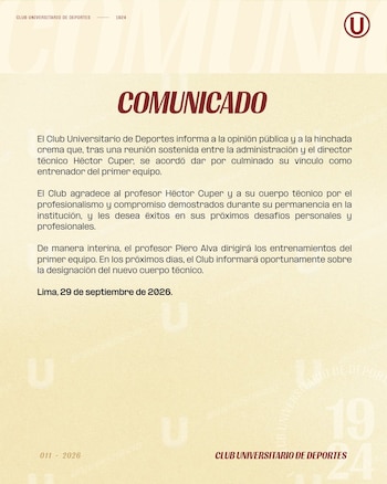 Universitario anunció la salida de Héctor Cúper como entrenador del primer equipo.