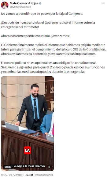 Mafe Carrascal pidió al Congreso revisar el informe sobre la emergencia por el terremoto - crédito @MafeCarrascal/X