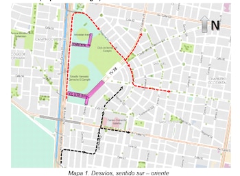 Mapa con trazados de desvío en líneas punteadas rojas y negras junto al Estadio Nemesio Camacho El Campín