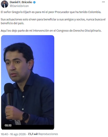Daniel Briceño denuncia favoritismo en la Procuraduría y califica a Gregorio Eljach como “el peor procurador” - crédito @Danielbricen/X