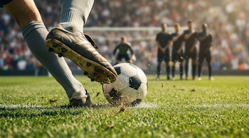 Primer plano de la pierna y el botín de un futbolista a punto de golpear un balón de fútbol sobre el césped, con una barrera y un portero desenfocados al fondo.