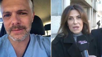 Fotografía partida con el busto de un hombre de barba gris y camisa celeste a la izquierda, y el rostro de una mujer con micrófono en la derecha.
