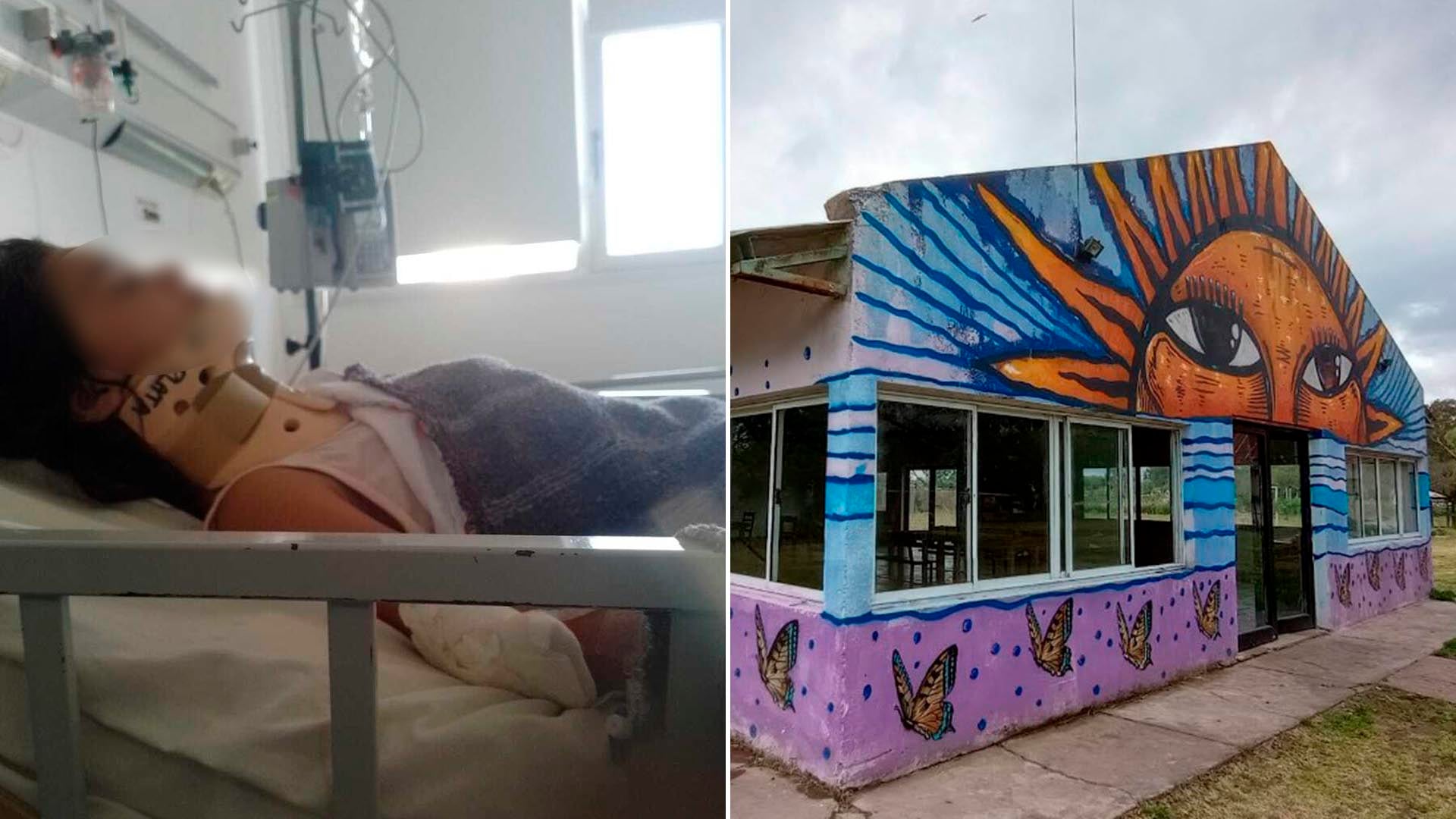 Una niña de 6 años recibe atención médica en el hospital tras ser brutalmente agredida en una casa de menores de La Plata, cuya colorida fachada se muestra a la derecha