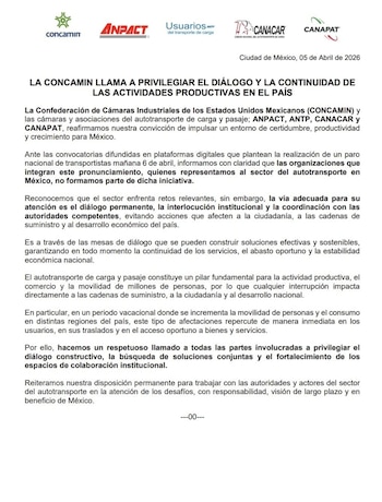 La Concamin se deslindó del paro nacional convocado por ANTAC.