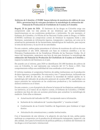 El Gobierno de Colombia y la Oficina de las Naciones Unidas contra la Droga y el Delito anunciaron una reforma metodológica para medir con más precisión la producción potencial de clorhidrato de cocaína en el país - crédito Unodc