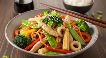Un cuenco grande con salteado de pollo, brócoli, maíz baby, pimientos, zanahorias, tirabeques y semillas de sésamo, con palillos y dos cuencos al fondo.