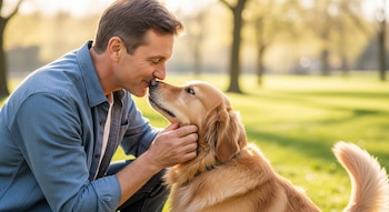 Un hombre caucásico de mediana edad con camisa vaquera azul se inclina para besar la nariz de un perro Golden Retriever, en un parque soleado.