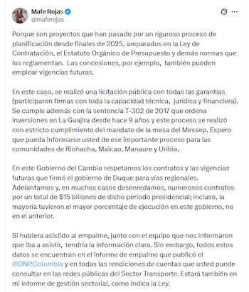 María Fernanda Rojas defendió la legalidad de los contratos y sostuvo que la planeación de las obras comenzó desde finales de 2025 - crédito X