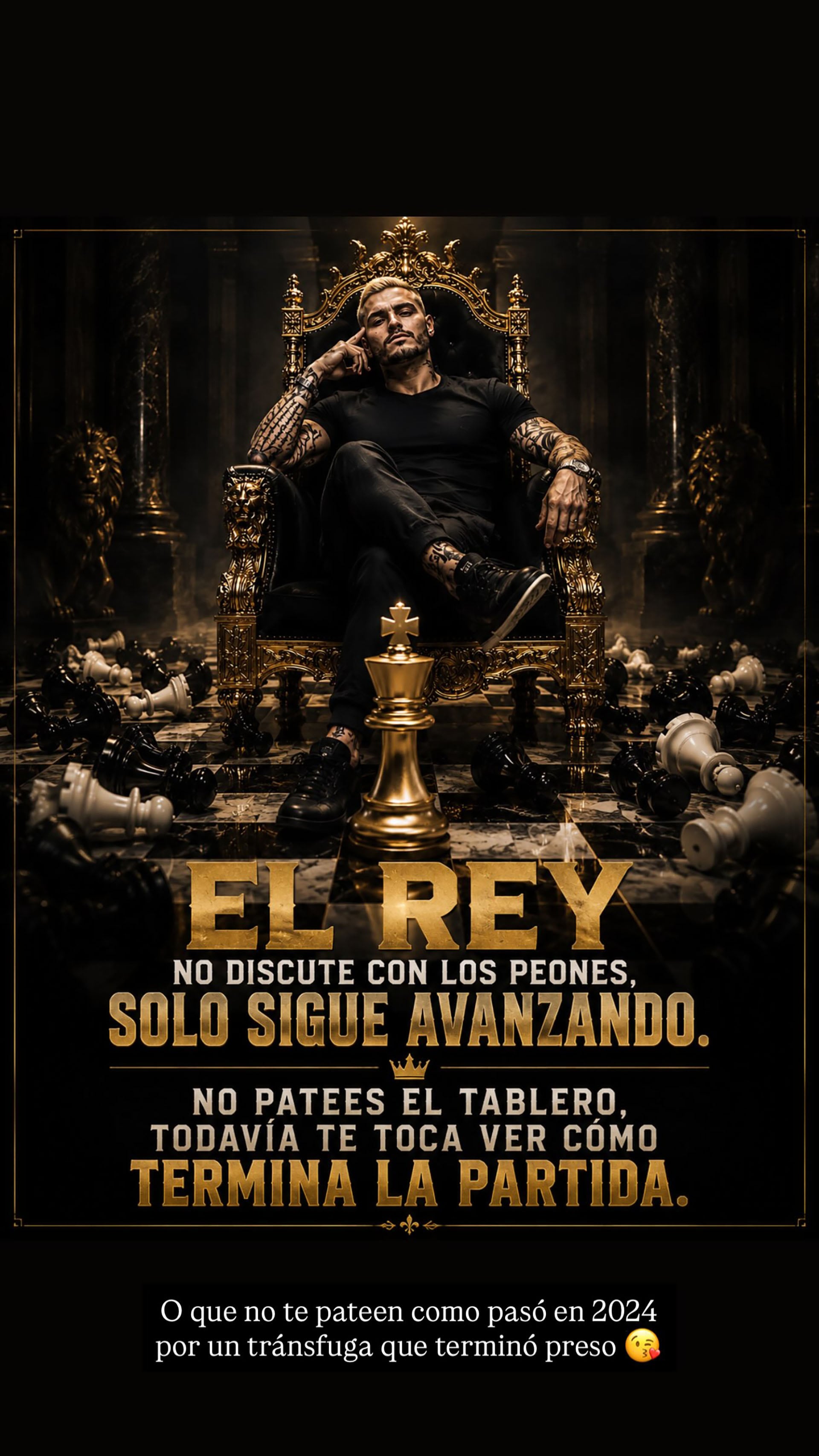 Provocador, Mauro Icardi posa sentado en un trono dorado rodeado de piezas de ajedrez, en una publicación donde se refiere a sí mismo como