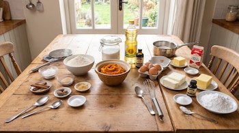 Mesa de madera con cuencos de puré de calabaza, harina, azúcar, huevos, especias, aceite, mantequilla, crema de queso y utensilios.