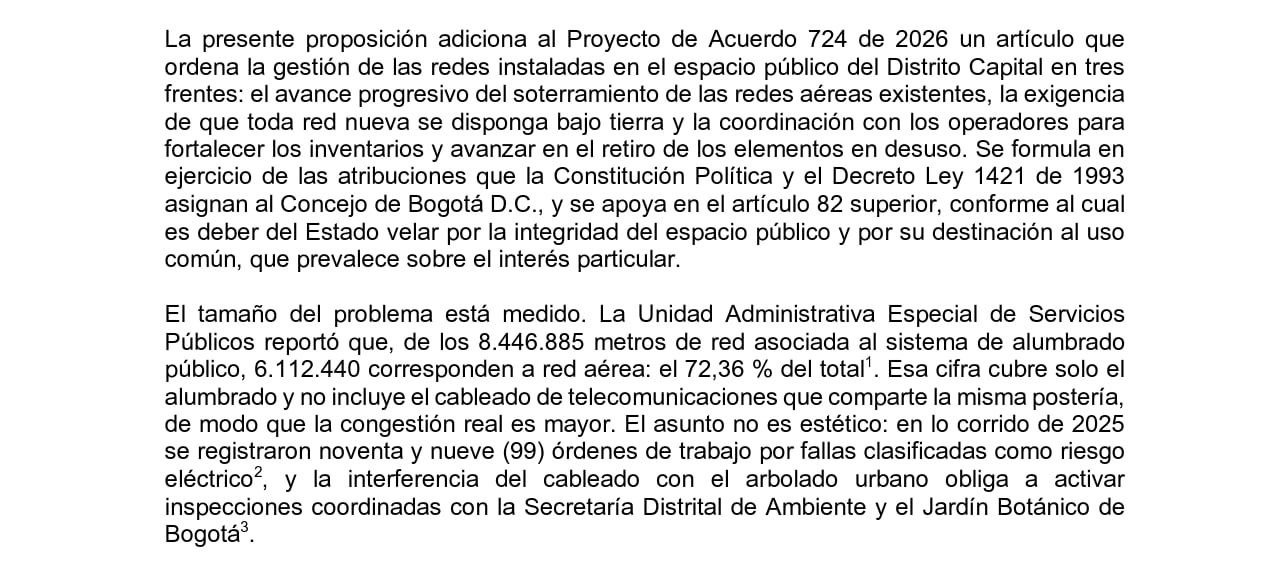 La iniciativa incorporada al Proyecto de Acuerdo 724 de 2026 incluye cables de energía, telecomunicaciones, internet, telefonía, televisión y otros elementos instalados sobre postes o fachadas - crédito Prensa Juan David Quintero