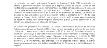 La iniciativa incorporada al Proyecto de Acuerdo 724 de 2026 incluye cables de energía, telecomunicaciones, internet, telefonía, televisión y otros elementos instalados sobre postes o fachadas - crédito Prensa Juan David Quintero