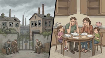 Fábrica abandonada, tres hombres sentados, valla con candado. Familia de cuatro personas en mesa con papeles, gabinete vacío y alcancía rota.