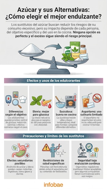 Infografía de azúcar y edulcorantes. Una balanza compara azúcar con stevia, sucralosa y aspartamo. Incluye iconos sobre usos, efectos y precauciones.