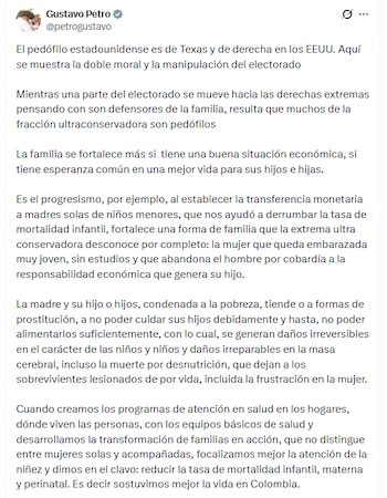 Petro usó el caso denunciado en el norte de Bogotá para cuestionar la idea de familia que, según él, promueve la extrema derecha - crédito @petrogustavo/X
