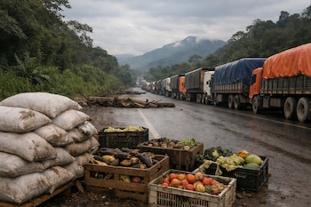 Una carretera rural en la Amazonia está bloqueada por troncos, con una extensa fila de camiones detenidos. En primer plano, sacos de arroz y cajas con frutas y verduras.