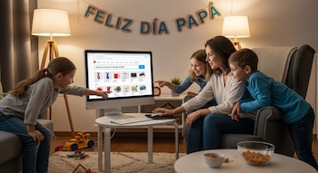 Una madre y dos hijos miran una computadora en una sala con un banner "Feliz Día Papá". La pantalla muestra una página de compras para regalos.