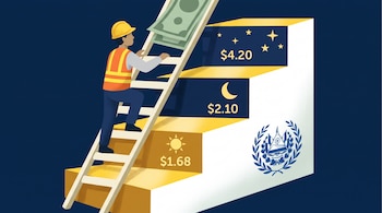 Trabajador con casco sube escalera de tres peldaños con dinero, símbolos de día y noche, cifras salariales y logo del Ministerio de Trabajo de El Salvador.