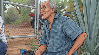 Dibujo de un hombre canoso con camisa azul a cuadros, sentado al lado de una malla metálica, plantas de agave y una motocicleta al fondo.