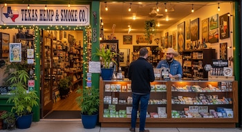 Fachada de la tienda 'Texas Hemp & Smoke Co.' en Texas, con un cliente frente al mostrador y un empleado sonriente detrás, rodeados de productos en vitrinas y plantas en macetas.