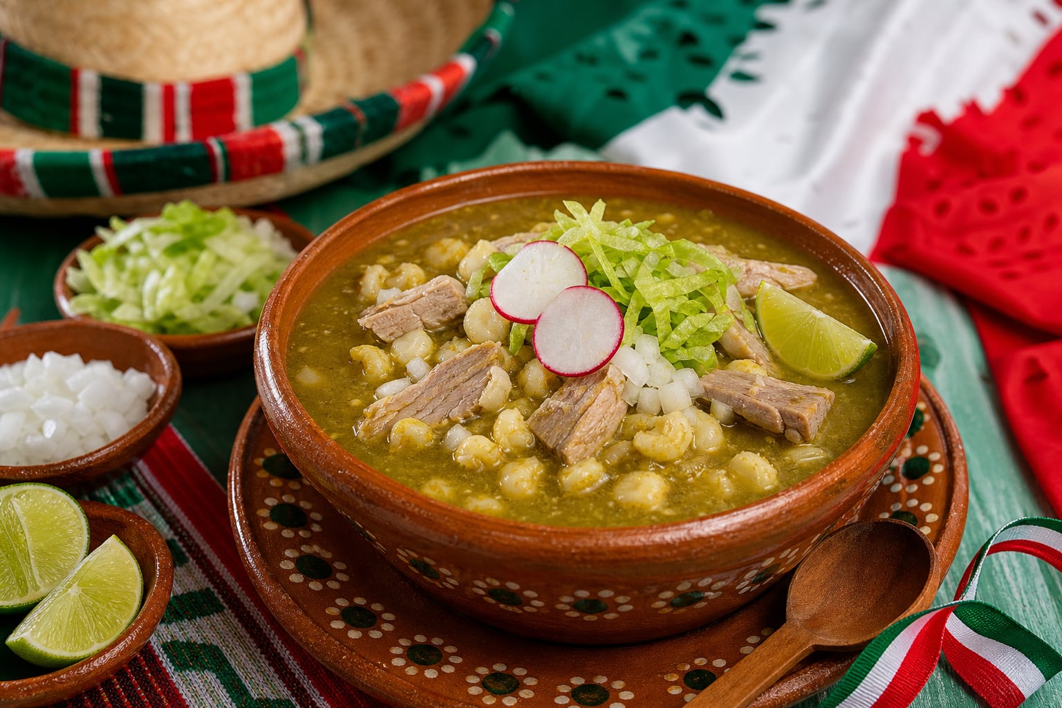 Un plato de barro servido con pozole verde y carne de cerdo se presenta junto a guarniciones de cebolla, lechuga y limón sobre una mesa decorada. (Imagen Ilustrativa Infobae)