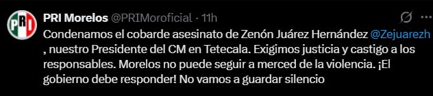 EL PRI Morelos condenó el asesinato y pidió al gobierno estatal dar con los responsables. (Crédito X |@PRIMoroficial)