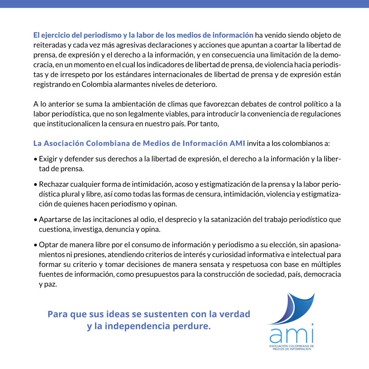 Declaración de la AMI en defensa de la libertad de prensa en Colombia