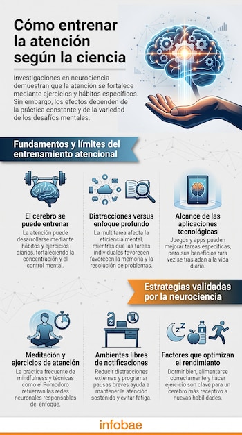 Infografía con título Cómo entrenar la atención según la ciencia, una mano sosteniendo un cerebro con engranajes luminosos y varios íconos ilustrativos.