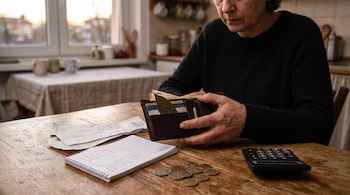 Persona en una mesa con una cartera abierta que contiene billetes, tarjetas y una hoja, junto a una libreta con números, recibos y monedas.