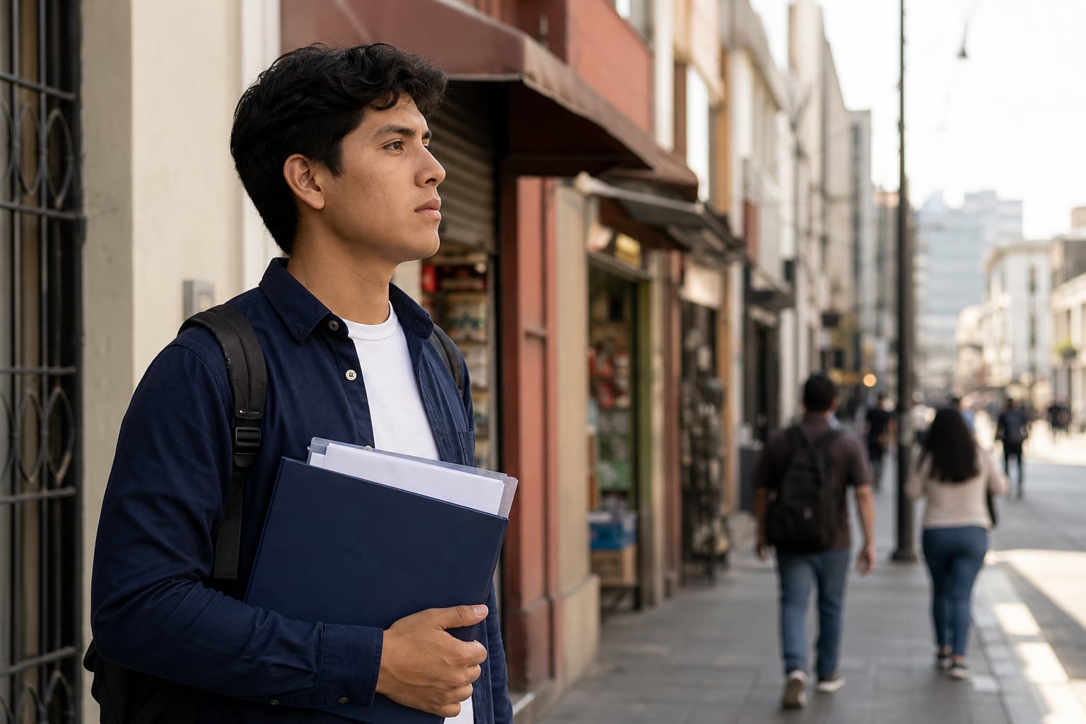 Un joven recorre una zona comercial con una carpeta de documentos para incorporarse al mercado laboral en Perú. (Imagen Ilustrativa Infobae)