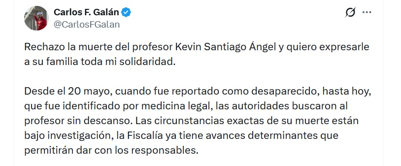 Las autoridades investigan las circunstancias de la desaparición y muerte del docente - crédito Carlos Fernando Galán / X
