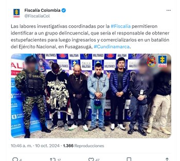 Dentro del material probatorio se conoció que uno de los dos detenidos, aparte de los soldados profesionales, manejaba una fachada como comerciante de ropas y productos para la realización de tatuajes en un reconocido centro comercial de Fusagasugá, Cundinamarca - crédito @FiscaliaCol/X