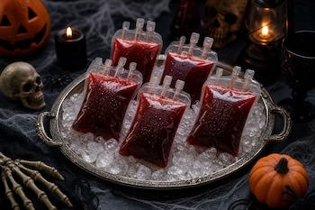 Bolsas de plástico con líquido rojo sobre hielo picado en una bandeja metálica, rodeada de calaveras, velas y calabazas decorativas.