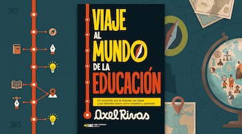 Portada de un libro titulado Viaje al mundo de la educación sobre un fondo azul con íconos de libros, brújulas y un globo terráqueo.