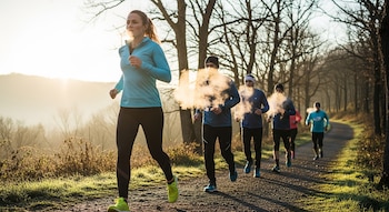 Un grupo de cinco atletas corre por un sendero de tierra flanqueado por árboles sin hojas. La luz del sol ilumina el fondo y el vapor sale de sus bocas.