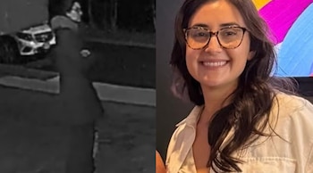 Imagen dividida: a la izquierda, una captura de videovigilancia en blanco y negro de un coche; a la derecha, un retrato a color de una mujer sonriente con gafas y pelo oscuro