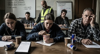 Grupo de personas visiblemente cansadas sentadas en una mesa. Una mujer come de un vaso, un hombre mayor se apoya la cabeza. Un móvil muestra 'EVICTION' y una pizarra 'TEMPORARY CONTRACT'.