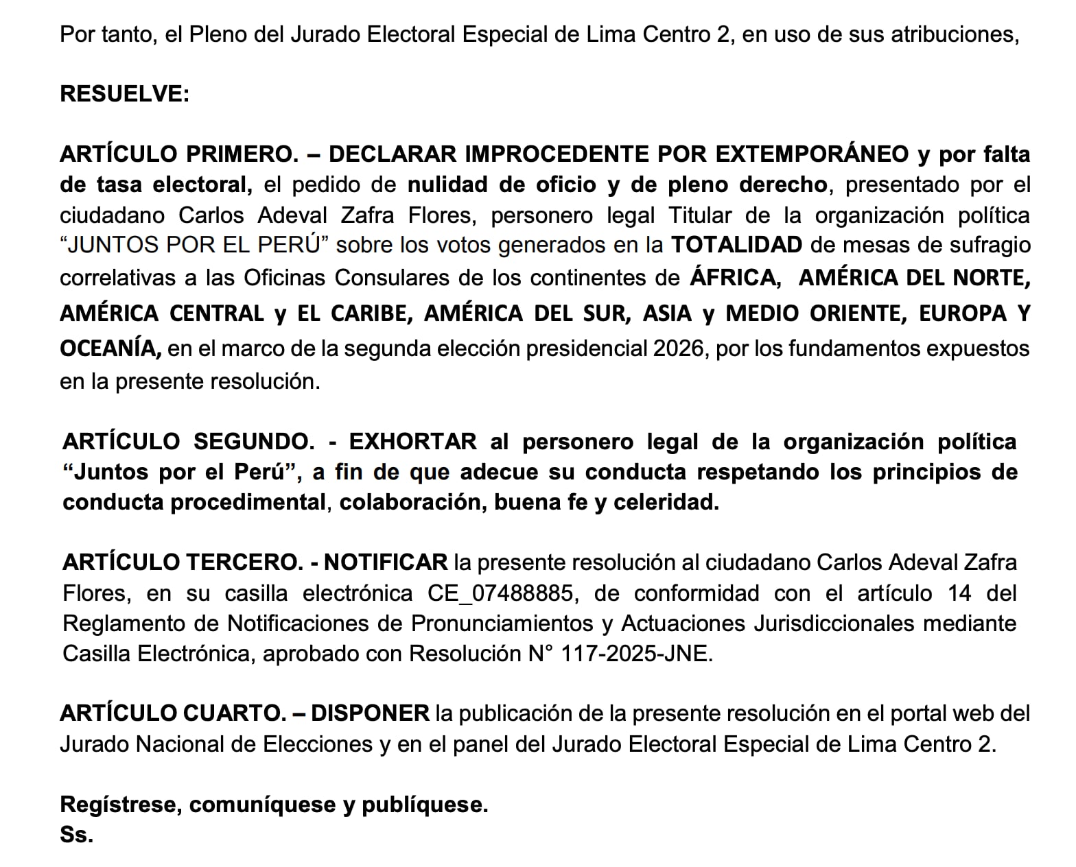 Una resolución del Jurado Electoral Especial de Lima Centro 2 declara improcedente el pedido de nulidad de votos de Juntos por el Perú para la segunda elección presidencial de 2026.