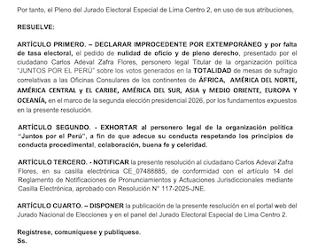 Documento con texto en español que presenta una resolución del Jurado Electoral Especial de Lima Centro 2 que declara improcedente un pedido de nulidad