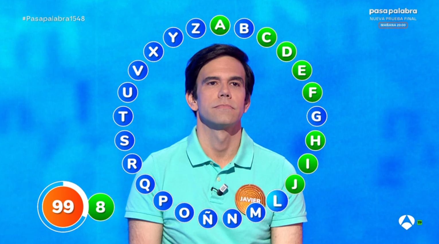 Javier durante el último 'rosco' de 'Pasapalabra' (Atresmedia)