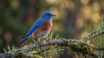 Un ave con plumaje azul y castaño posada en una rama con musgo y agujas de pino con gotas de agua sobre un fondo desenfocado.